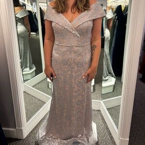 Elegant Off-Shoulder Silver Evening Gown